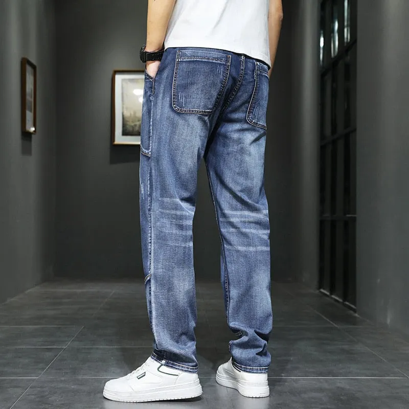 Men's Summer Denim Solid Pattern Mid Waist Loose Straight Leg Jeans