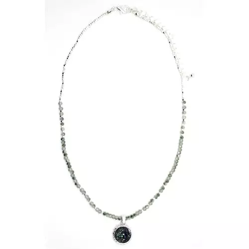 Round Druzy Pendant And Glass Bead Silver Necklace