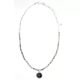 Round Druzy Pendant And Glass Bead Silver Necklace