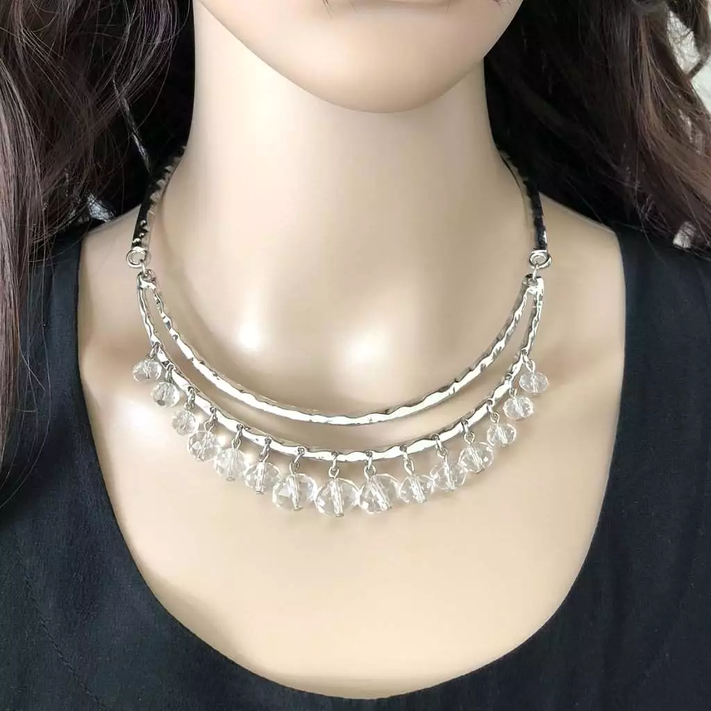 Silver Metal Collar Necklace with Clear Crystal Beads