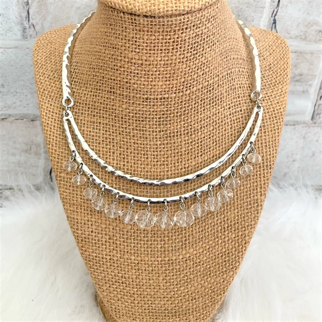 Silver Metal Collar Necklace with Clear Crystal Beads