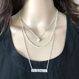 Silver Triple Layered Bar and Pearl Necklace