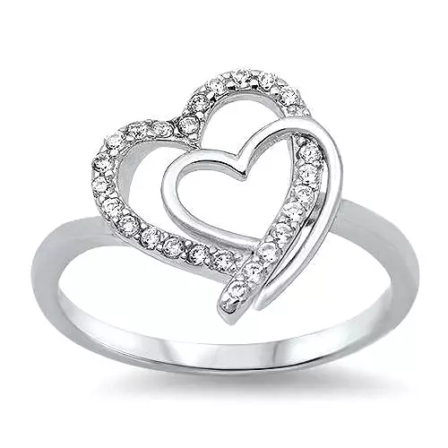 Sterling Silver and CZ Double Heart Ring