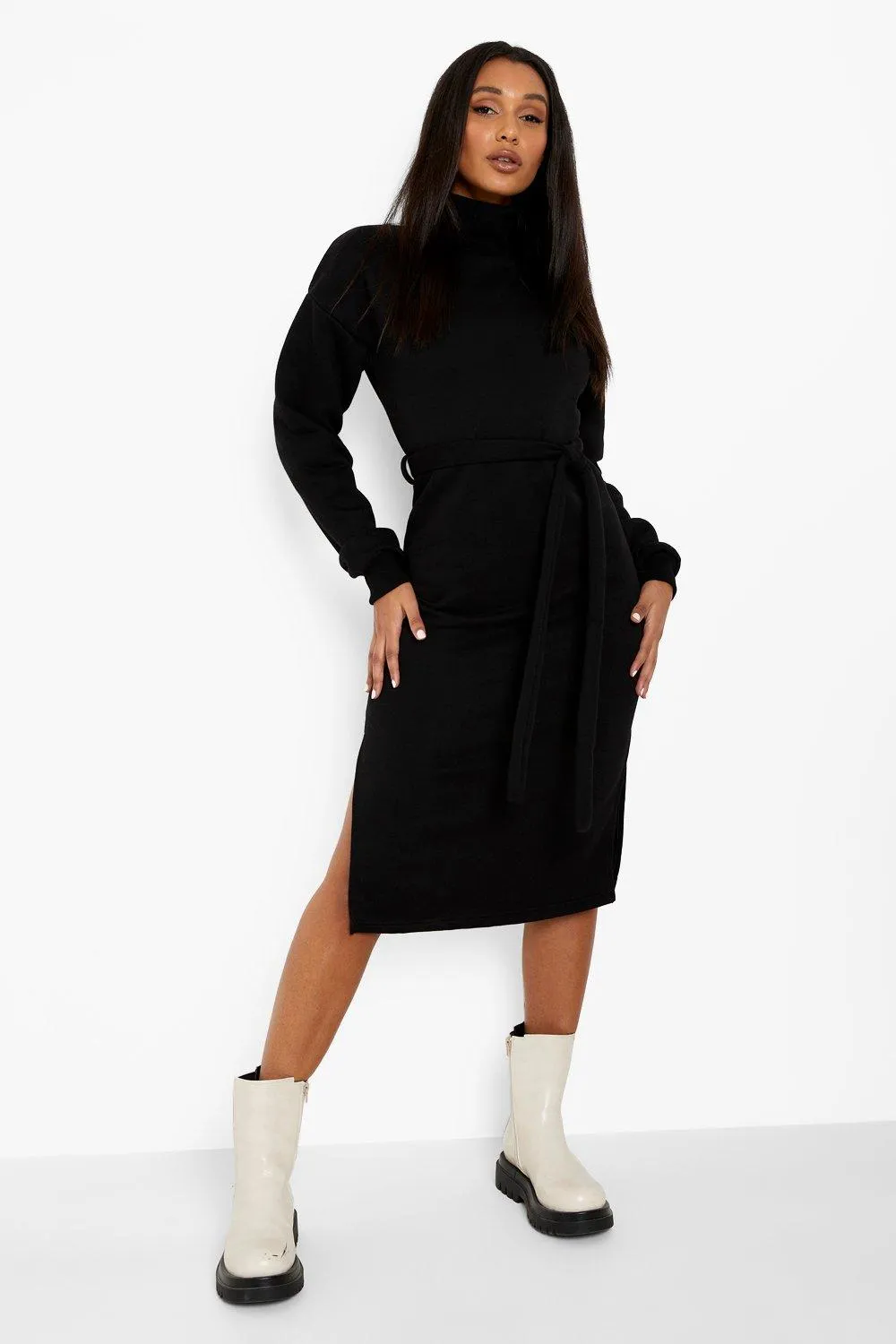 Turtleneck Belted Midi Sweatshirt Dress