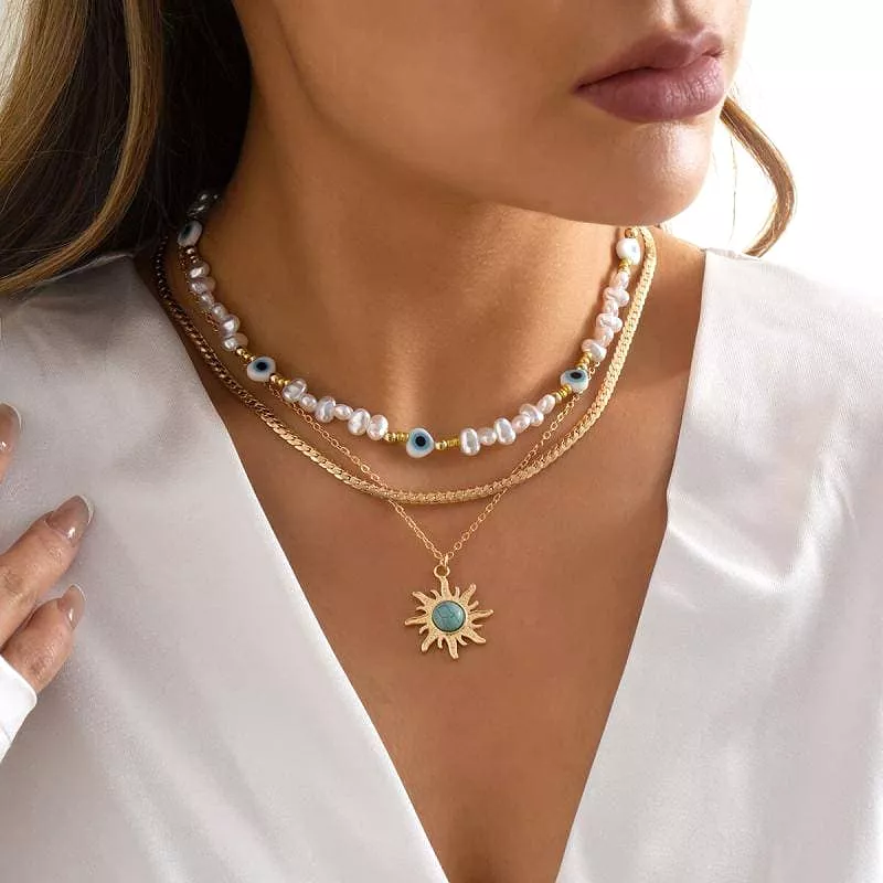 Vintage Faux Pearl Sun Pendant Necklaces