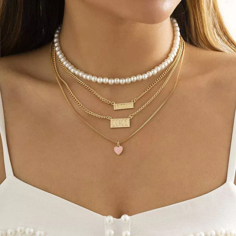 Women's Faux Pearl Chain Heart Pendant Necklaces